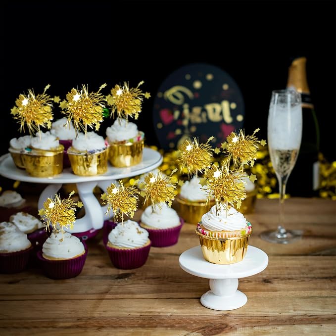 Gyufise 30Pcs Star Foil Firework Cupcake Toppers Sparkle Tinsel Cake Toppers - Image 6