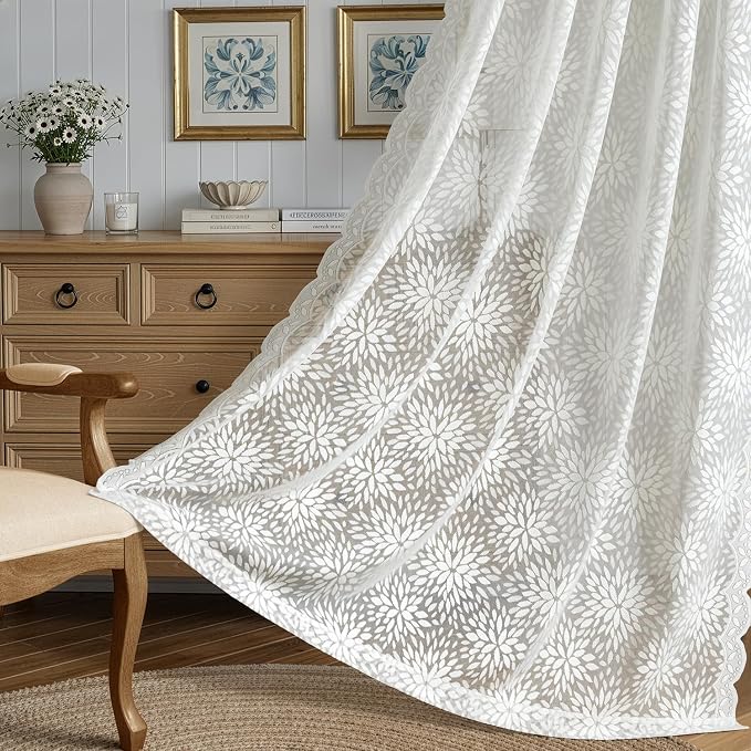 MIULEE Vintage Floral Scalloped Lace Curtains 2 Panels, Short Semi Sheer - Image 3