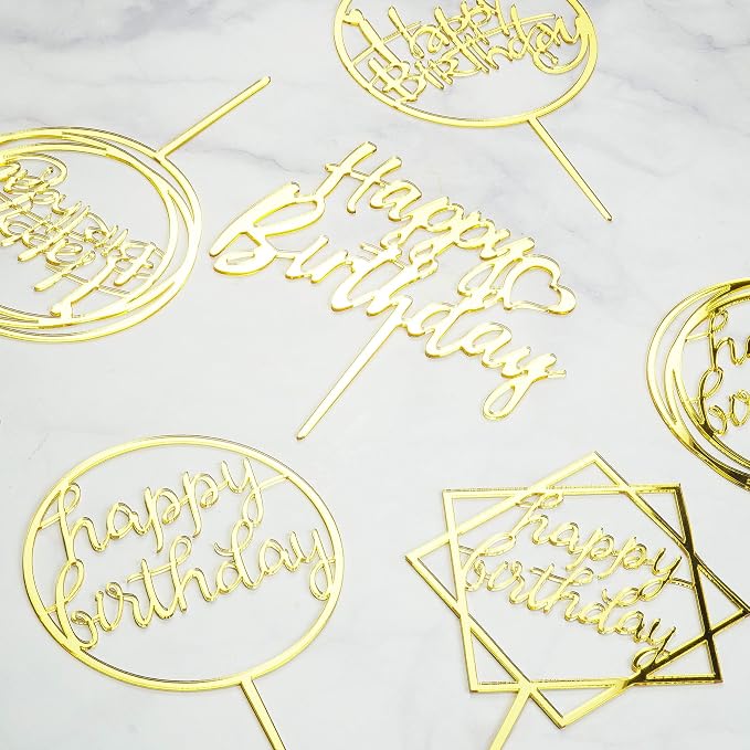 6-Pack Gold Cake Topper Set, Double-Sided Glitter, Acrylic Happy Birthday - Image 2