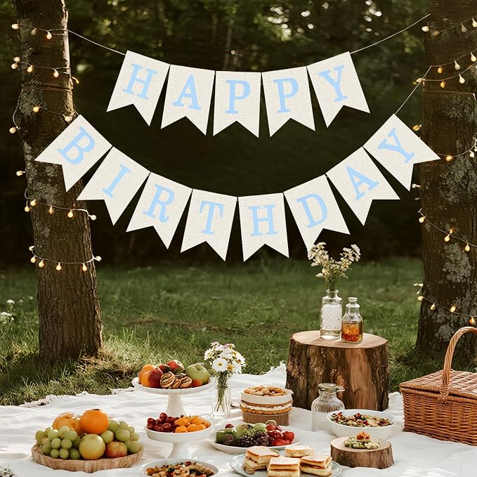 White Burlap Happy Birthday Banner Sign Birthday Garland Wall Door Hanging - Image 7