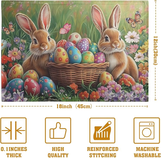 Easter Bunny Placemats Set of 4 Easter Colorful Eggs Floral Linen Fabric Table - Image 4