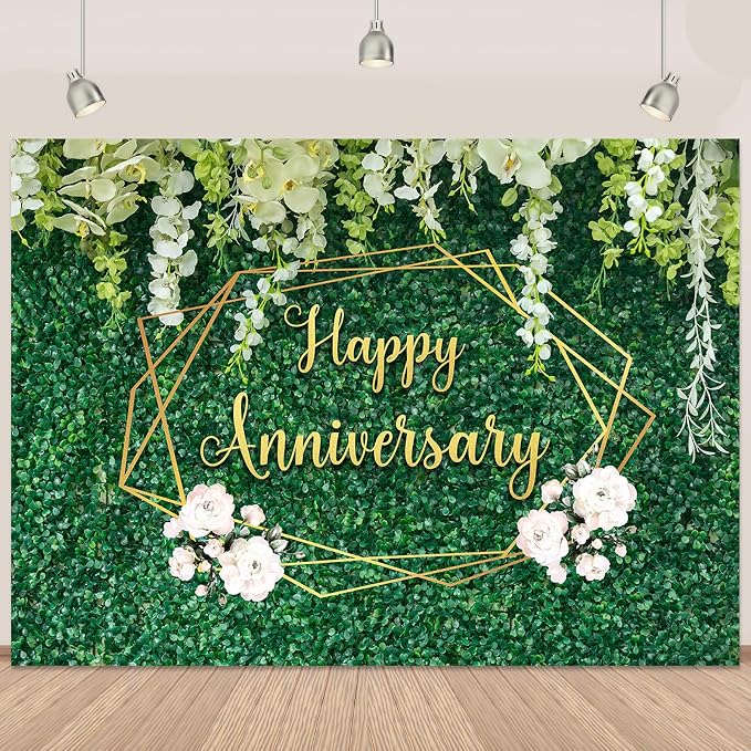 Happy Anniversary Banner Backdrop Decorations 7x5Ft | Green Leaves Wall Wedding by Retyshiaphoto