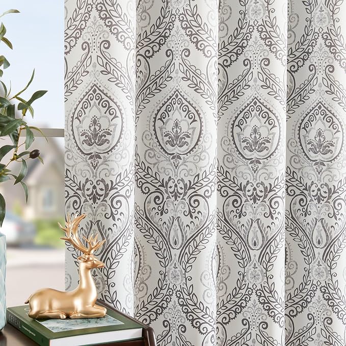 jinchan Grey Blackout Curtains 90 Inch Damask Vintage Grommet 2 Panels | Room - Image 2