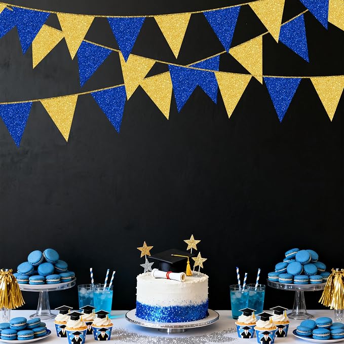Royal Blue Gold Party Decorations Pennant Banner Flag Glitter Navy Blue and - Image 7