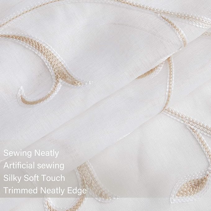 White Sheer Curtains Beige Embroidered Leaves 2 Panels 54Wx96L | Light - Image 5