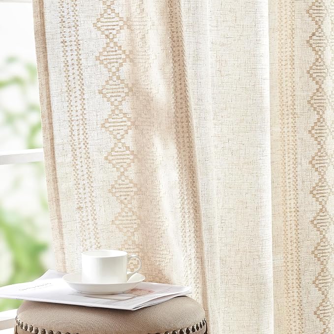 jinchan Floral Linen Curtains Embroidered Back Tab 50x63in 2 Panels Ivory | by JINCHAN