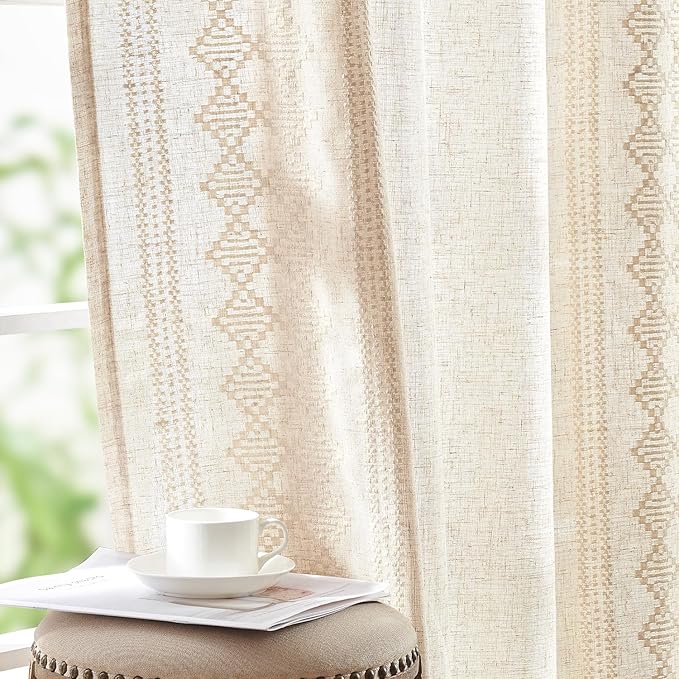 jinchan Floral Linen Curtains Embroidered Back Tab 50x84in 2 Panels Ivory | by JINCHAN