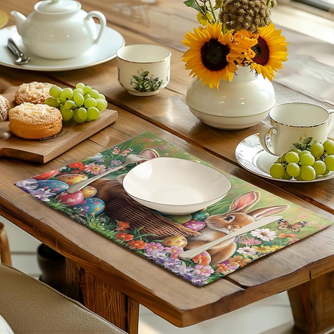 Easter Bunny Placemats Set of 4 Easter Colorful Eggs Floral Linen Fabric Table - Image 6
