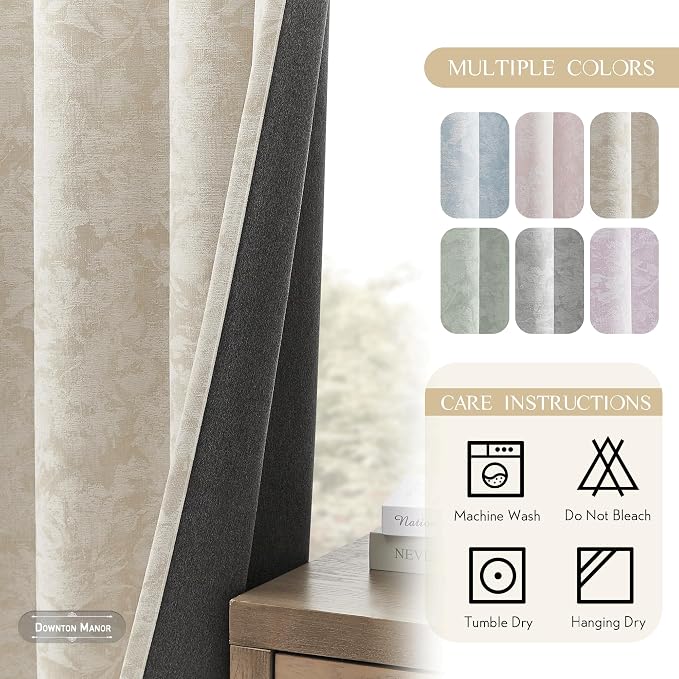 Beauoop Beige Floral Jacquard Blackout Sliding Door Curtains 100x84 1 Set | - Image 8