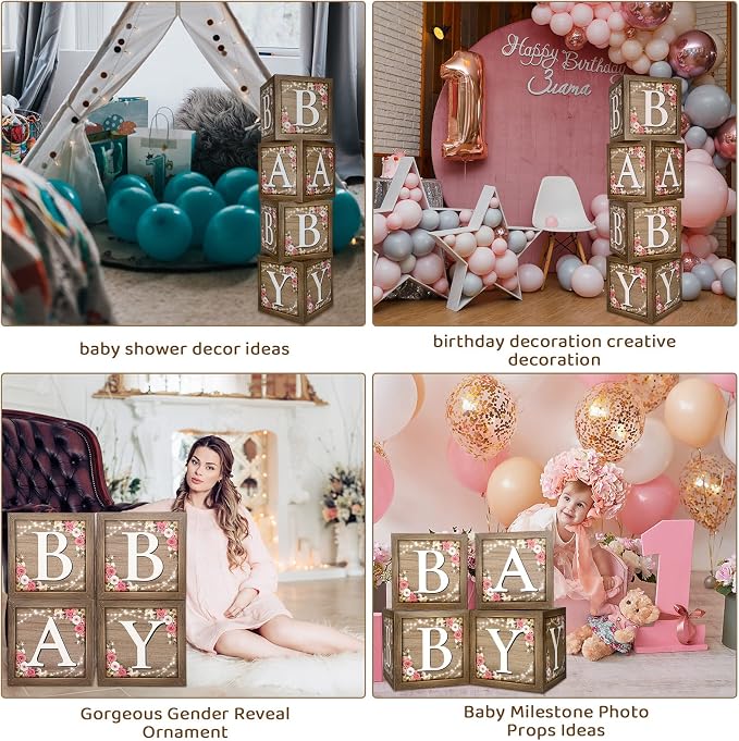 Epakh Baby Boxes with Letters for Baby Shower, Rustic Floral Brown Blocks Bear - Image 3