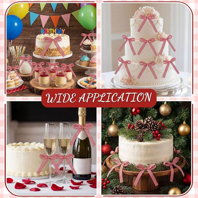 30 Pack Gingham Ribbon Bows for Cake Red Gingham Bow Cake Toppers | Plaid - Image 6