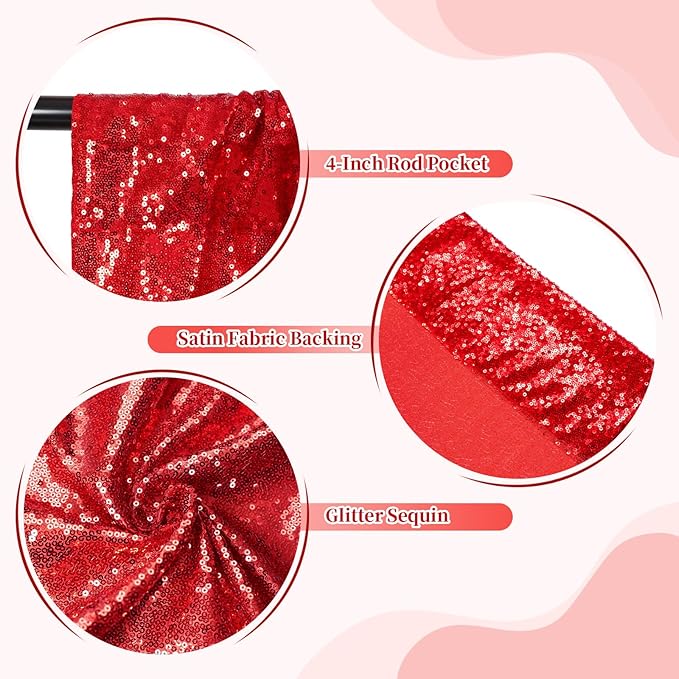 SquarePie Sequin Backdrop Less Transparent Background Sparkly Curtain for Wedding Party 4FT x 7FT Red