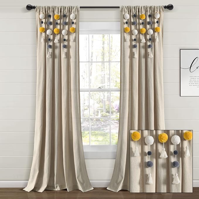 Lush Decor Boho Pom Pom Tassel Linen Textured Window Curtain Panel, Single 52" - Image 8