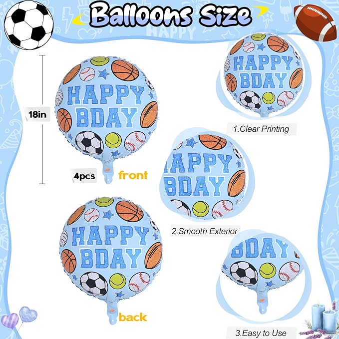 Sports Birthday Balloons Party Decorations, 18 Inch Inflatable HAPPY BDAY Mylar - Image 2
