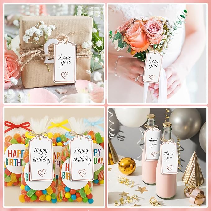 120 PCS Gift Tags with String Attached Foil Rose Gold Heart Paper Tags Writable Blank Tag for Gift Bags Wedding Baby Shower Birthday Presents Labeling DIY Craft Project Stocking Stuffers 3.5''×2''