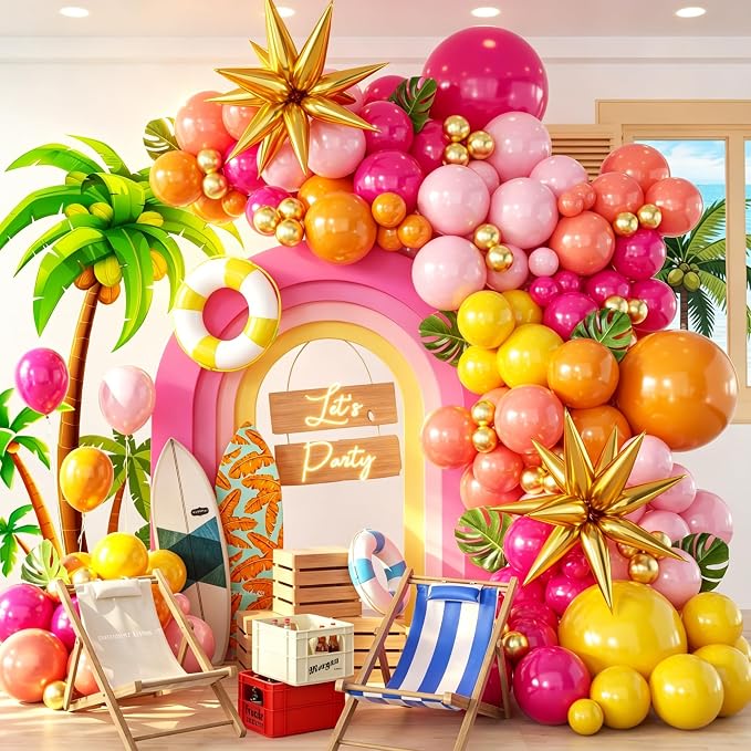 152Pcs Tropical Balloon Arch Garland Kit, Sunset Hot Pink Orange Coral Red by Woaipati