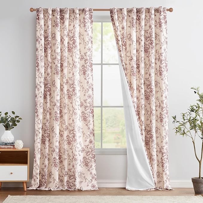 jinchan Red Floral Linen Curtains Lined 96 Inch Farmhouse Back Tab 2 Panels | by JINCHAN
