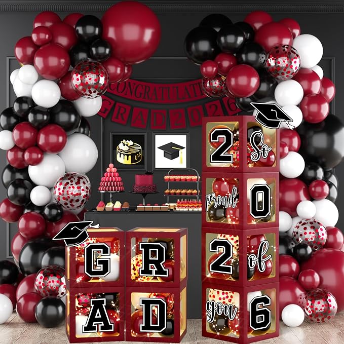 2026 Graduation Party Decorations Black and Maroon Class of 2026 Balloon Boxes by Unknown