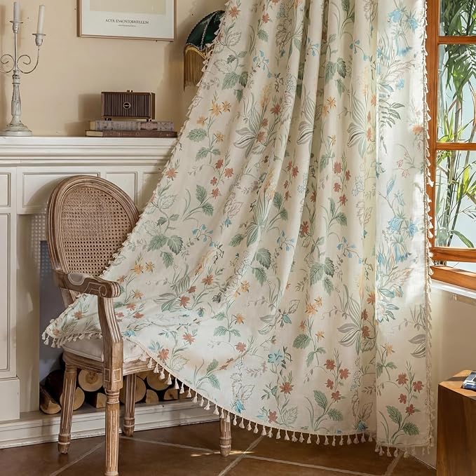 Bedroom Floral Rod Pocket Semi Sheer Curtains 84 Inch Length 2 Panels Set | by ENJOYBRIDAL