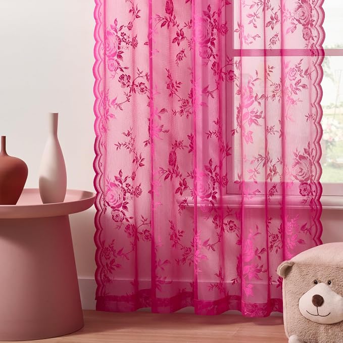 Raspberry Lace Curtains 84 Inches Long 2 Panels Vintage Floral Sheer Curtains - Image 5