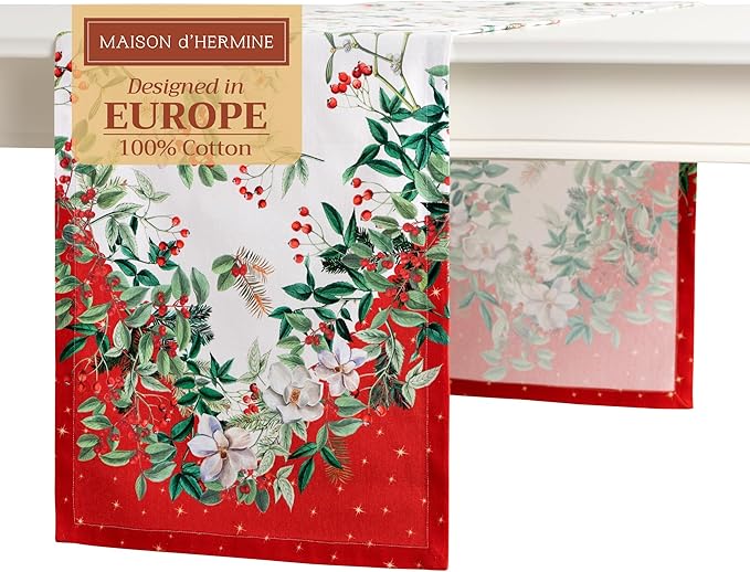 Maison d' Hermine Table Runner 100% Cotton Single Layer Table Runners 108 inches Long for Thanksgiving Christmas Decorations Home Kitchen Dining Party Wedding (Noel, 14.5" x 108")