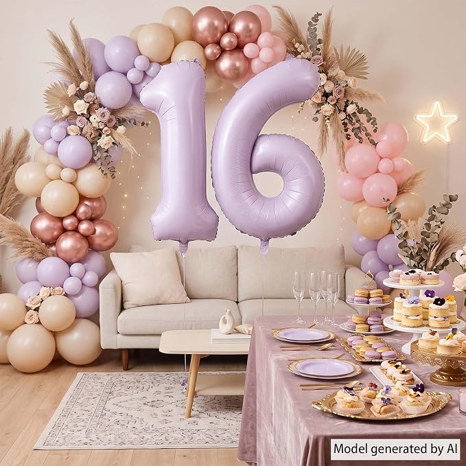Cream Purple Number 16 Balloon 40 Inch, Pastel Numeral - Image 7