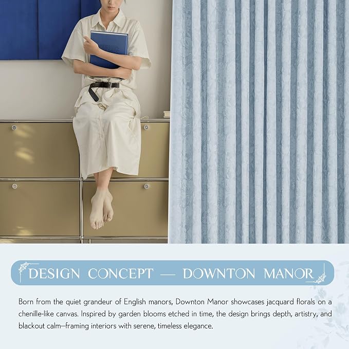 Beauoop Blue Floral Jacquard Blackout Sliding Door Curtains 100x84 1 Set | - Image 9