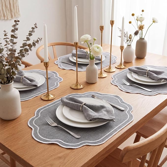 6 Pcs Gray Wedding Placemats Scalloped Embroidered Cotton Linen Placemats 17" x - Image 3