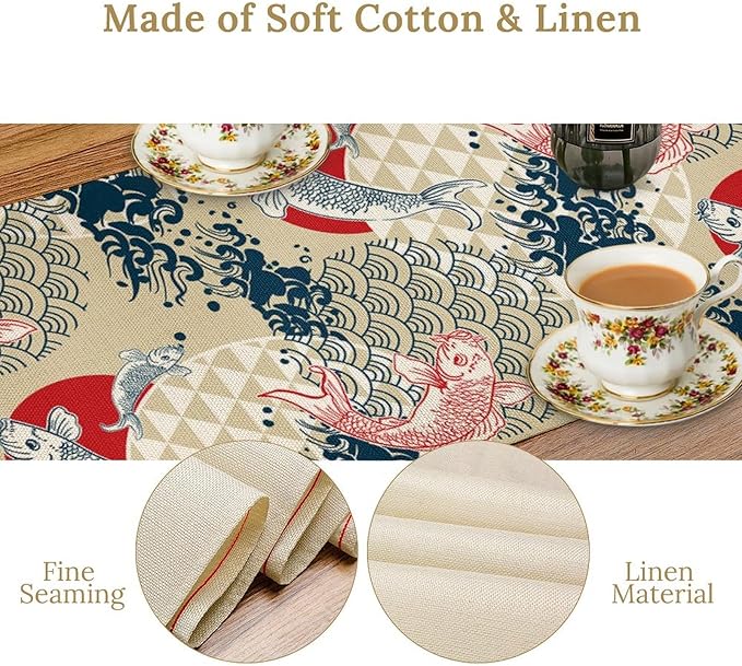 Japanese Table Runner Oriental Tradition Kio Fish Art Printed Burlap Runner Home Kitchen Dining Table Living Room Decor Fabric 1 Panel W13xL60in