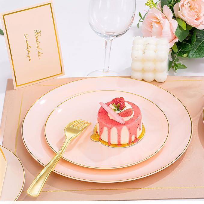 KIRE 175PCS Pink Plates Disposable - Heavy Duty Pink and Gold Plastic Plates Dinnerware Sets - 25 for Dinner 25 for Dessert 25 Pre Rolled Napkins 25Cups for Birthday Party/Wedding