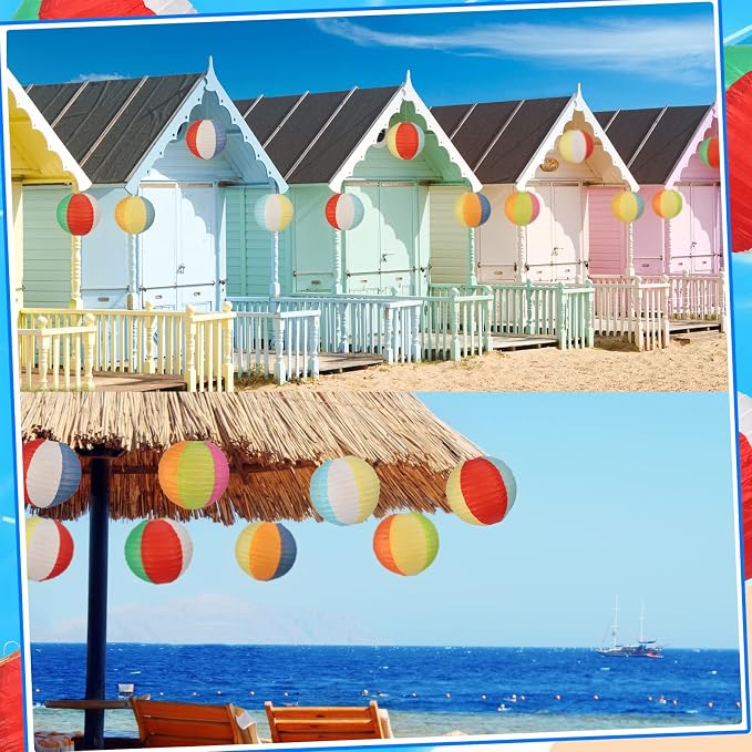 Panelee 12 Pcs 8 Inch Beach Ball Paper Lanterns Pool Party Decorations Summer - Image 7