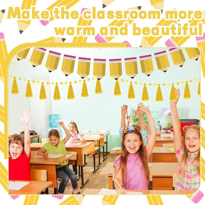 4 Pcs 30 Ft Back to School Banners Decorations Yellow Pencil Tassel Pom Pom - Image 3