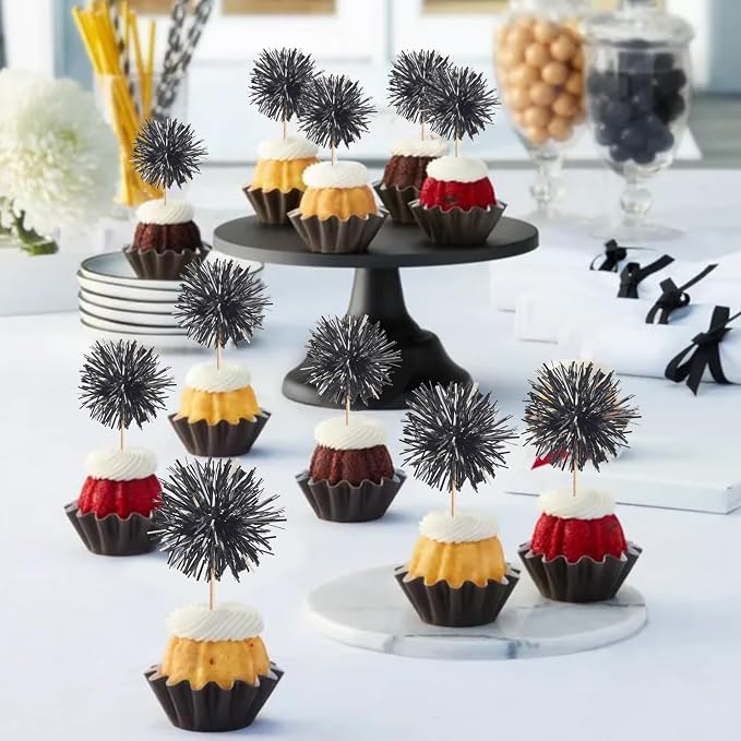 40 PCS Black Foil Firework Cupcake Toppers Sparkle Tinsel Cupcakae Picks - Image 4