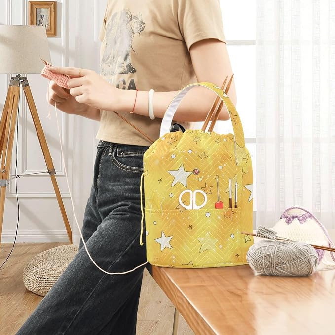 Cartoon Golden Stars and Dots Yarn Bag Small Crochet Bag Drawstring Yarn - Image 6