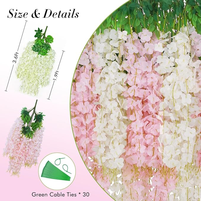 60 Pack White Pink Wisteria Hanging Flowers, Fake Hanging Flowers - Image 7