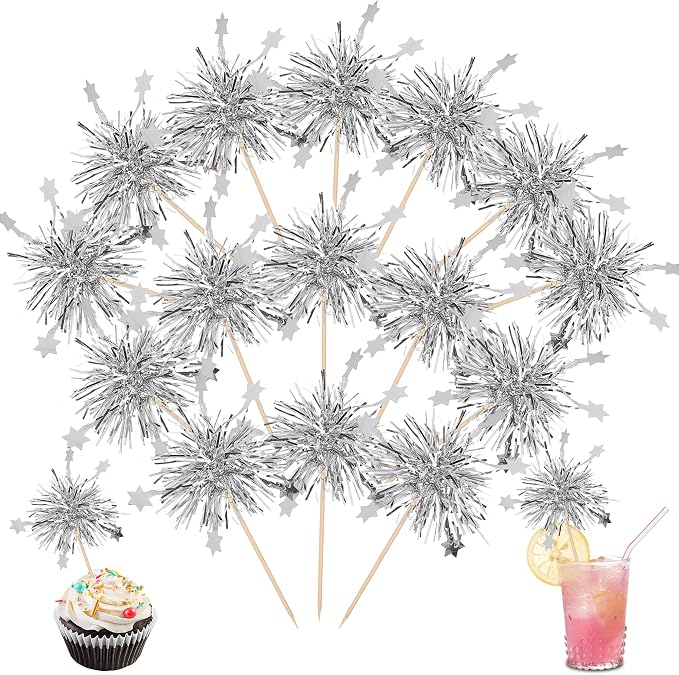 30 PCS Foil Firework Cupcake Toppers Star Cupcake Picks Sparkle Tinsel Flower by ZHUOWEISM