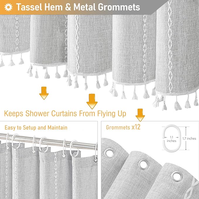72x96 Extra Long Boho Linen Heavy Duty Shower Curtain Set, 330GSM Linen Blend - Image 5