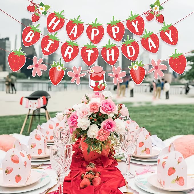 SUNBEAUTY Strawberry Happy Birthday Banner, Berry Sweet Red Fruit Party Hanging - Image 6
