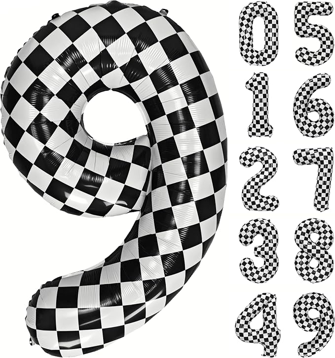 40In Black White Checkered Number 9 Balloon Race Car Digital Foil 9 Balloon | by YOIOZAIZAI