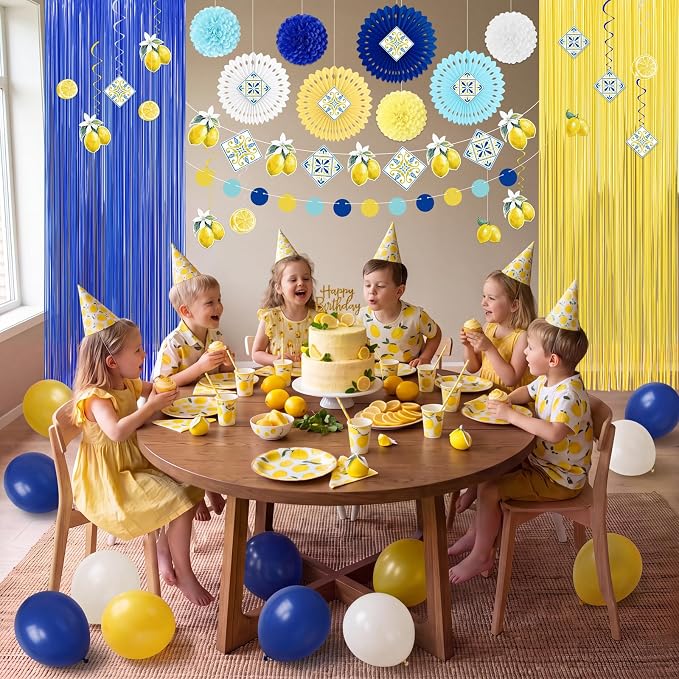 43Pcs Amalfi Coast Party Decorations Lemon Decor Set | Foil Curtains, Paper Fans - Image 5