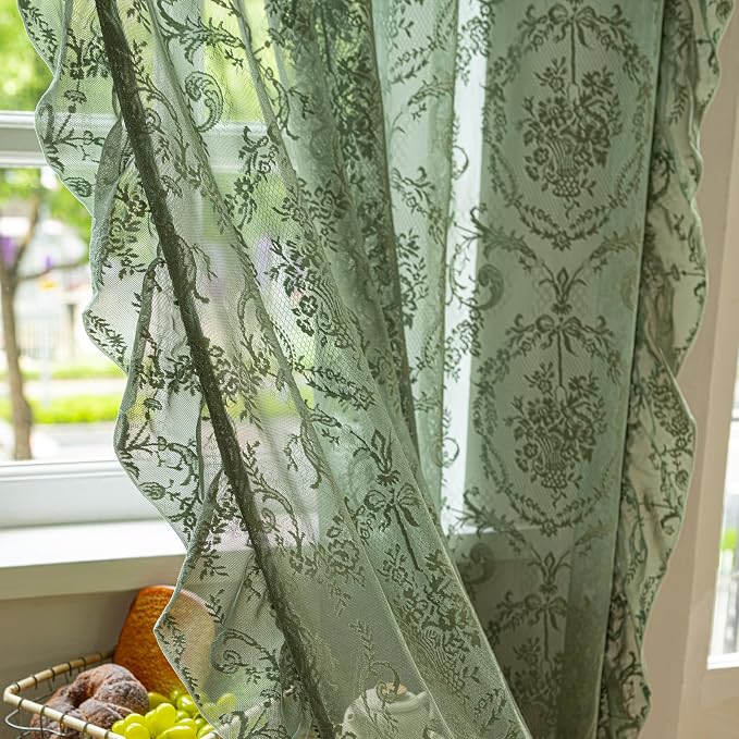Deeprove Olive Green Boho Sheer Lace Ruffled Curtains 2 Panels Crochet 84 Inch - Image 3