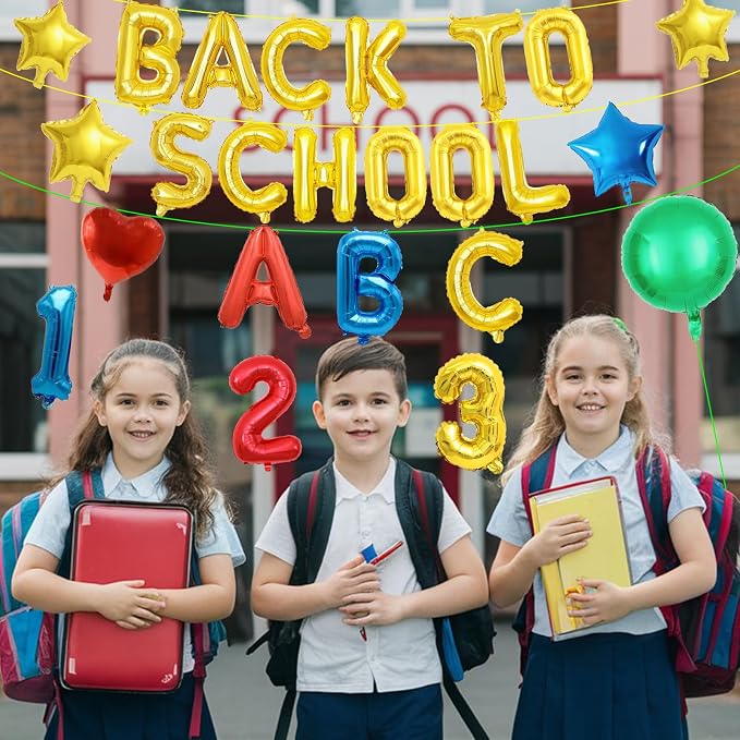 16 Inch Gold Foil BACK TO SCHOOL Letter Balloon Set, ABC 123 Balloons, and - Image 3