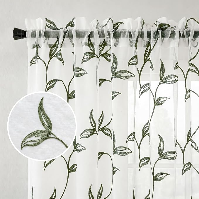 Sheer Curtains Boho Leaf Floral Embroidered Green 54Wx90L | Light Filtering - Image 5