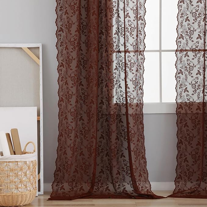Chestnut Brown Lace Curtains Rustic Leaf Floral 42 x 84 Inch, 2 Panels | Rod - Image 6