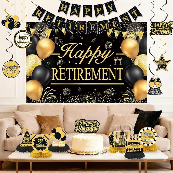 Retirement Party Decorations for Men Women Black Gold Happy Retirement Banner - Image 8