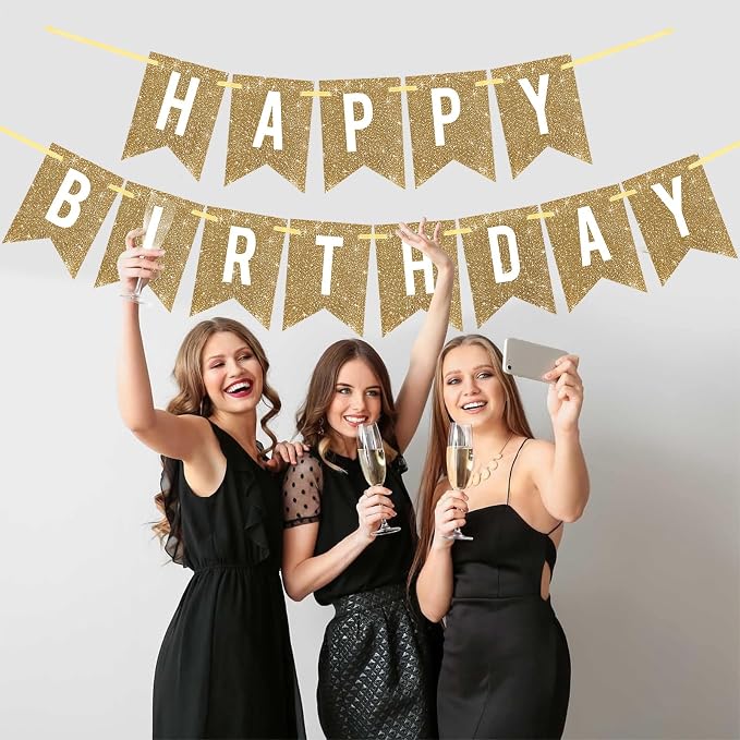 Netnology Pre-Strung Gold Glitter Happy Birthday Banner Decorations | 12 ft No - Image 4