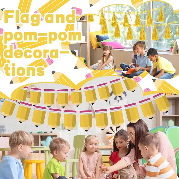 4 Pcs 30 Ft Back to School Banners Decorations Yellow Pencil Tassel Pom Pom - Image 4