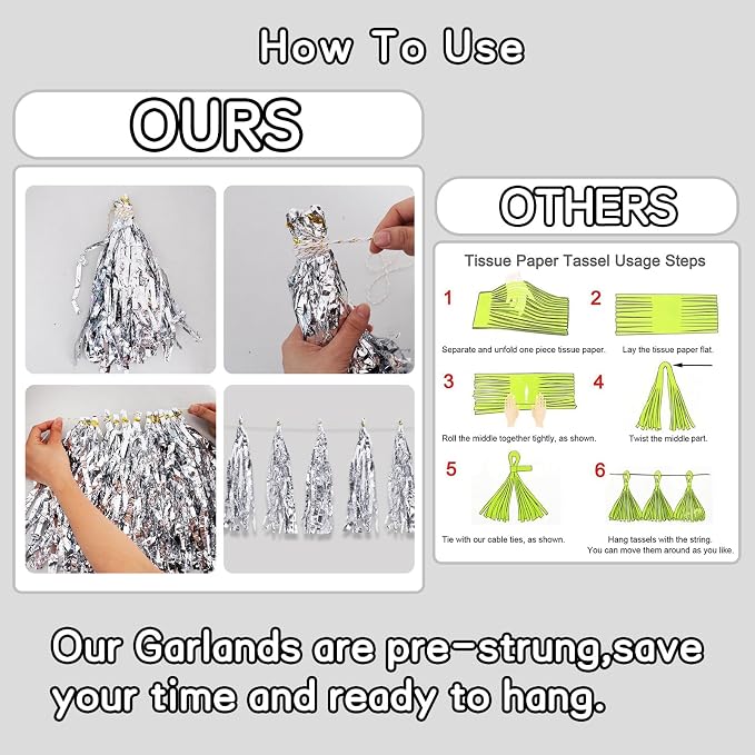 BEISHIDA 3 Packs Silver Metallic Foil Fringe Tassel Garland Pre-Strung Tassels - Image 2