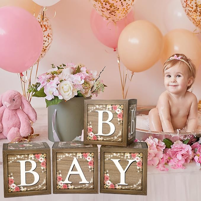 Epakh Baby Boxes with Letters for Baby Shower, Rustic Floral Brown Blocks Bear - Image 5