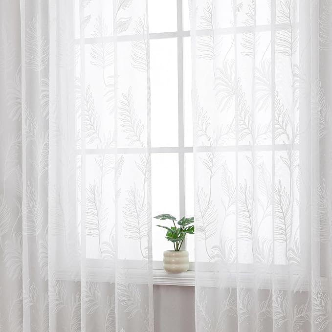 White Sheer Curtains Embroidered Leaf 2 Panels 96 Inches Long | Light Filtering - Image 6